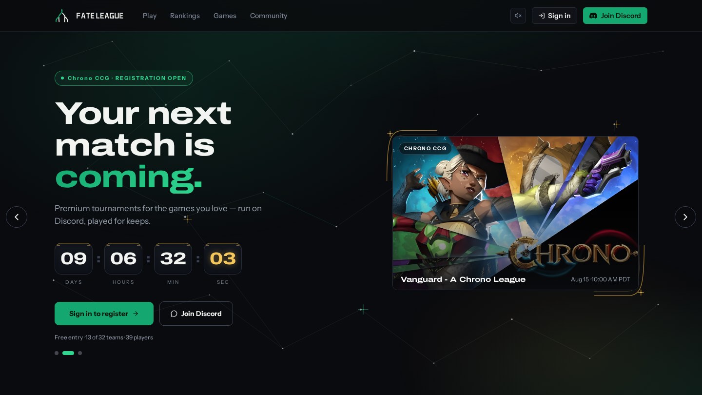 Fate League homepage: countdown to the next Chrono CCG tournament